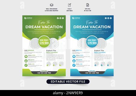 Tour group advertisement template design with green and blue colors. Modern travel agency promotional flyer vector for marketing. Vacation planner bus Stock Vector