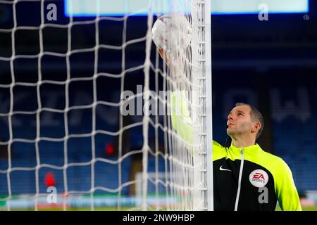 King Power Stadium, Leicester, UK. 28th Feb, 2023. FA Cup Football, Leicester City versus Blackburn Rovers; A match official tests the Hawk-eye goal line technology before kick-off Credit: Action Plus Sports/Alamy Live News Stock Photo