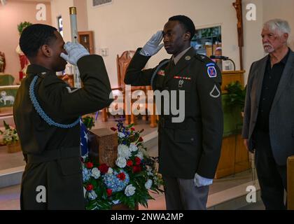 U.S. Army Soldiers salute during Chief Master Sgt. (Ret.) Paul Kerchum’s funeral in Benson, Ariz., Jan. 25, 2023. Kerchum passed away Dec. 17, 2022, and was laid to rest with full military honors on, what would have been, his 103 birthday. Stock Photo