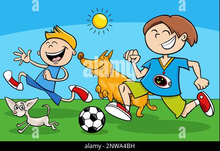 Cartoon illustration of two boys characters playing ball with their dogs Stock Vector