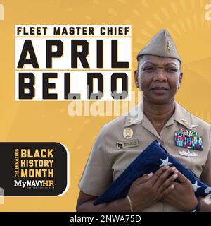 A graphic celebrating Fleet Master Chief April Beldo for Black History Month Stock Photo