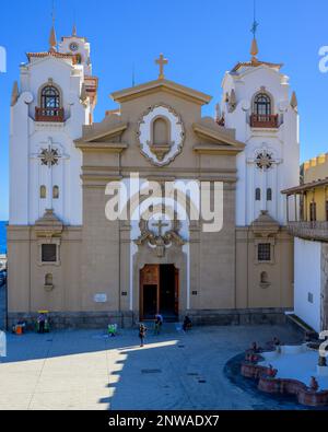 The facade of José Enrique Marrero Regalado's, neo-Canarian styled, Basilica of the Royal Marian Shrine of Our Lady of Candelaria, in Tenerife Stock Photo