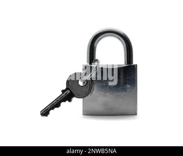 Locked steel padlock with key, isolated on white background, front view Stock Photo