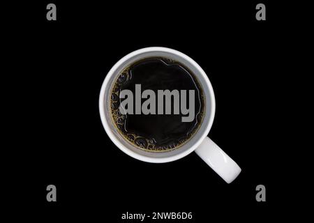 Top view of black coffee in a white cup isolated on black background Stock Photo