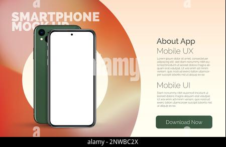 3d smart phone with blank screen. Bright cell phone template on colorful background. Illustration of cell phone 3d screen. Realistic smartphone front and back view vector mockup in the gradient circle Stock Vector