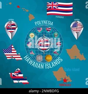 Set of illustrations of flag, outline map, money, icons of Hawaii. Travel concept. Stock Photo