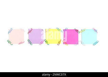 Multi colored paper stickers for writing notes white background Stock Photo