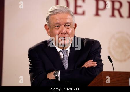 February 28, 2023, Mexico City, Mexico: The President of Mexico, Andres Manuel Lopez Obrador confirms the installation of the Tesla automotive assembly plant in Mexico, at a press conference at the National Palace in Mexico City. on February 28, 2023 in Mexico City, Mexico (Photo by Luis Barron / Eyepix Group). Stock Photo