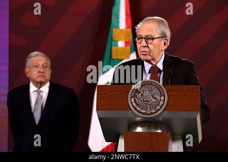February 28, 2023, Mexico City, Mexico: Mexico's Secretary of Health Jorge Alcocer at the press conference on “The Pulse of Health” at the National Palace in Mexico City. on February 28, 2023 in Mexico City, Mexico (Photo by Luis Barron / Eyepix Group). Stock Photo