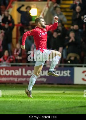 Wrexham, Wrexham County Borough, Wales. 28th February 2023. Wrexham’s #38 Elliot Lee celebrates his goal, during Wrexham Association Football Club V Chesterfield Football Club at The Racecourse Ground, in in the Vanarama National League. (Credit Image: ©Cody Froggatt/Alamy Live News) Stock Photo