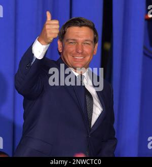 MIAMI, FLORIDA - FEBRUARY 18: Gov. Ron DeSantis along with President Donald Trump and First Lady Melania Trump attend a rally at Florida International University on February 18, 2019 in Miami, Florida. President Trump spoke about the ongoing crisis in Venezuela. People: Gov. Ron DeSantis Credit: Hoo-Me.com / MediaPunch Stock Photo