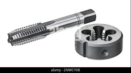 Hand taper tap and thread cutting die isolated on a white background. Close-up of two sharp steel tools for tapping and threading in metal materials. Stock Photo