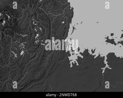 Kagera, region of Tanzania. Grayscale elevation map with lakes and rivers Stock Photo