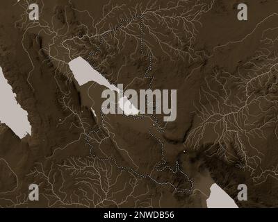 Songwe, region of Tanzania. Elevation map colored in sepia tones with lakes and rivers Stock Photo