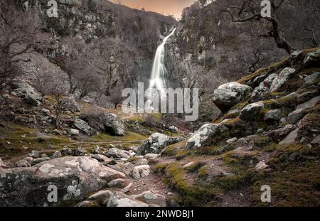 Aber Falls, a huge waterfall of about 37m near the village of Abergwyngregyn in North West Wales, UK Stock Photo