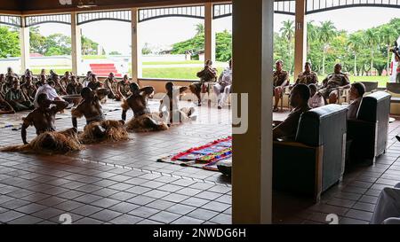 SUVA, Fiji (Jan. 31, 2023) Adm. John C. Aquilino, Commander of U.S. Indo-Pacific Command, seated right, and Maj. Gen. Jone Logavatu Kalouniwai, Commander of the Republic of Fiji Military Forces (RFMF), observe a traditional Kava Ceremony while visiting the RFMF Queen Elizabeth Barracks. USINDOPACOM is committed to enhancing stability in the Asia-Pacific region by promoting security cooperation, encouraging peaceful development, responding to contingencies, deterring aggression and, when necessary, fighting to win. Stock Photo