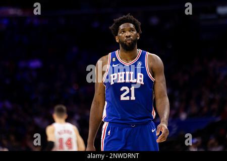 Philadelphia, United States Of America. 12th Dec, 2022. Philadelphia, United States of America, February 27th 2023 Joel Embiid (21 Sixers) reacts during the National Basketball League game between the Philadelphia 76ers and the Miami Heat at the Wells Fargo Center in Philadelphia, United States on February 27, 2023. (Colleen Claggett/SPP) Credit: SPP Sport Press Photo. /Alamy Live News Stock Photo