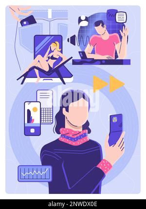 Illustration featuring several scenes of people in various poses and situations using modern smartphones in the office, on the beach, and in everyday Stock Vector