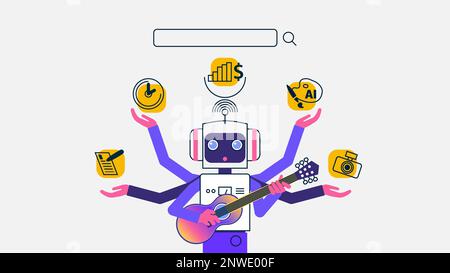 Illustration of a cute cartoon robot with multiple hands, each hand displaying popular search task icons on its palm, against a white background. A Stock Vector