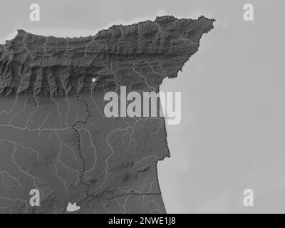 Sangre Grande, region of Trinidad and Tobago. Grayscale elevation map with lakes and rivers Stock Photo