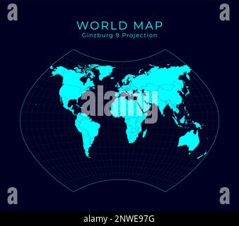Map of The World. Ginzburg IX projection. Futuristic Infographic world illustration. Bright cyan colors on dark background. Stylish vector illustratio Stock Vector