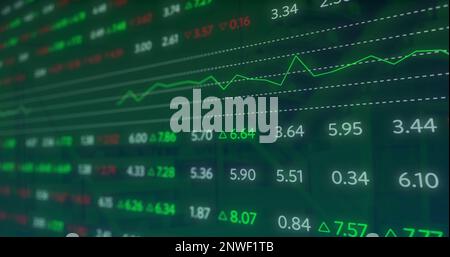 Image of data processing and stock market over cityscape Stock Photo