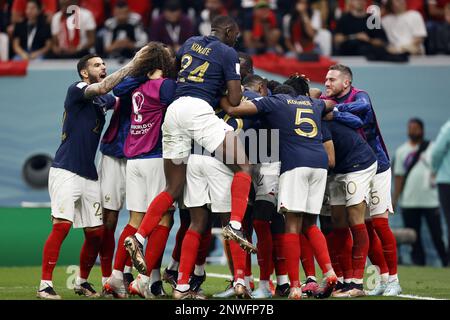 AL KHOR - France celebrates Randal Kolo Muani of France's 2-0 during the FIFA World Cup Qatar 2022 Semifinal match between France and Morocco at Al Bayt Stadium on December 14, 2022 in Al Khor, Qatar. AP | Dutch Height | MAURICE OF STONE Stock Photo