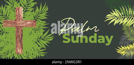 illustration of Christian Palm Sunday with palm branches and leaves and cross illustration. Stock Vector