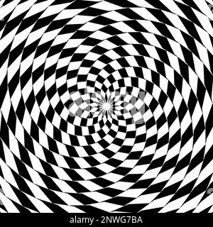 Black and white vortex pinwheel visual effect. Twisty pattern with dynamic kaleidoscope texture. Spiral optical illusion. Vector graphic illustration Stock Vector