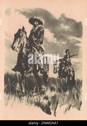 Black and white illustration shows two men on horseback. Drawing shows life in the Old West. Vintage black and white picture shows adventure life in the previous century. Stock Photo