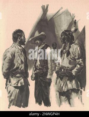 Black and white illustration shows a Mexican with a sombrero, an American Indian and the prisoner. Drawing shows the Wild West. Vintage black and white picture shows adventure life in the previous century. Stock Photo