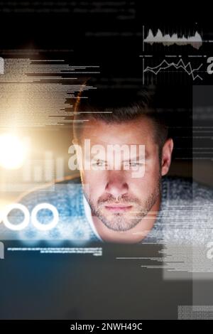 Scrutinizing the code. Shot of a focussed computer programmer working at his computer late at night. Stock Photo