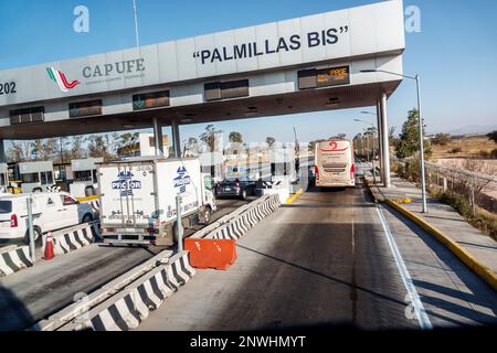 Mexico City,highway toll booth,truck vehicles,sign signs information, Stock Photo