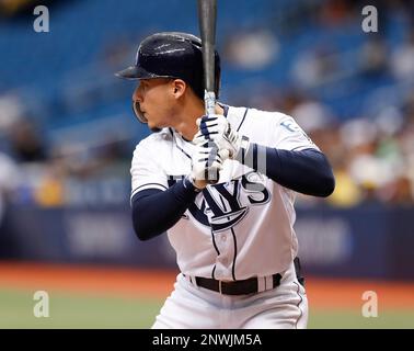 ST. PETERSBURG, FL - SEPTEMBER 27: Tampa Bay Rays shortstop Andrew Velazquez (11) at bat during the regular season MLB game between the New York Yankees and Tampa Bay Rays on September 27, 2018 at Tropicana Field in St. Petersburg, FL. (Photo by Mark LoMoglio/Icon Sportswire) (Icon Sportswire via AP Images)