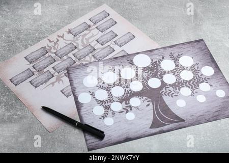 Blank family tree, notebook and pencil on wooden table, flat lay Stock  Photo - Alamy