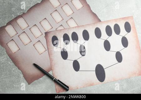 Blank family tree, notebook and pencil on wooden table, flat lay. Mockup  for design Stock Photo - Alamy