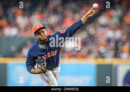 American League relief pitcher Framber Valdez, of the Houston Astros,  throws to a National League batter during the third inning of the MLB All- Star baseball game, Tuesday, July 19, 2022, in Los