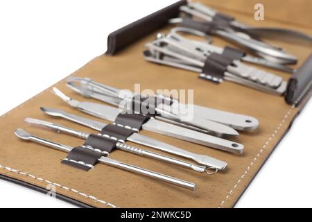 Manicure set in case on white background, closeup Stock Photo