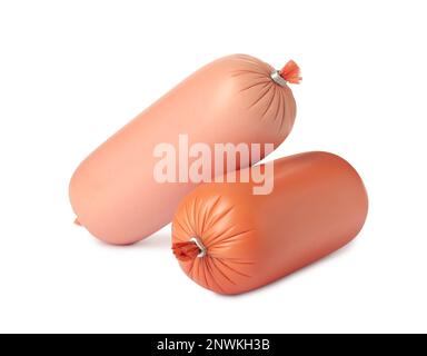 Different tasty boiled sausages on white background Stock Photo