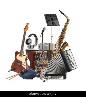 Group of different musical instruments on white background Stock Photo