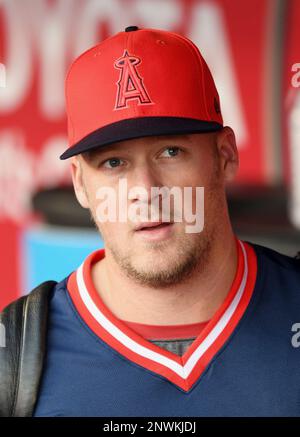 ANAHEIM, CA - AUGUST 27: Los Angeles Angels of Anaheim first baseman Albert  Pujols (5) in a 1980s California Angels style uniform during an at bat in  the second inning of a