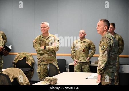 Lt. Gen. Daniel Karbler visits Patriot Advanced Individual Training at Fires Center of Excellence and Fort Sill, Ok with Col. Curtis King, Air Defense Artillery 45th Chief and Commandant.    Lt. Gen. Karbler visited with 'Bruiser Nation', 30th Air Defense Artillery Brigade, 2nd Battalion, 6th Air Defense Artillery Regiment and discussed Patriot System training. Stock Photo