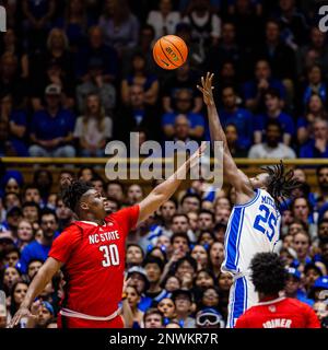 February 28, 2023: Duke Blue Devils guard Jeremy Roach (3) shots against North  Carolina State Wolfpack guard Jack Clark (5) during the second half of the  ACC basketball matchup at Cameron Indoor