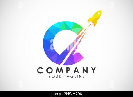 Polygonal alphabet C with a Rocket logo design. Rocket icon. Low poly graphic alphabet symbol Stock Vector