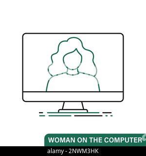 Woman on the computer. Line flat icon Stock Vector