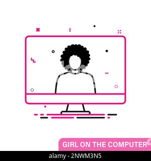 Woman on the computer. Line flat icon Stock Vector