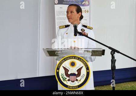 LIMA, Peru (Jan. 19, 2023) Capt. Franca Jones, commanding officer, Naval Medical Research Unit (NAMRU)-6, provides remarks at the command’s 40th anniversary celebration at the U.S. Embassy Campus. NAMRU-6 hosted several visitors and guests from the U.S. and Peru at the event, to include U.S. Ambassador to Peru Lisa Kenna, Rear Adm. Jorge Enrique Andaluz Echevarría, Surgeon General of the Peruvian Navy, Rear Adm. Guido F. Valdes, commander, Naval Medical Forces Pacific and Capt. William Denniston, commander, Naval Medical Research Center. Visitors provided remarks celebrating the history of the Stock Photo