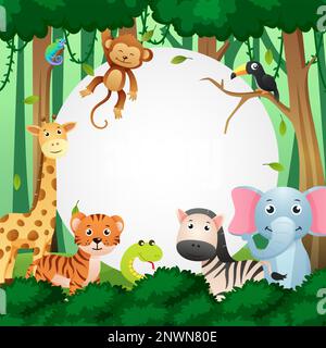 Wildlife animal in jungle with circular copy space . Kids style . Vector . Stock Vector