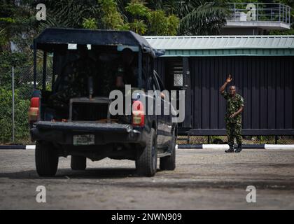 Nigerian Navy and Police Force personnel conduct vehicle obstruction training during exercise Obangame Express 2023 in Lagos, Nigeria, Jan. 25, 2023. Obangame Express 2023, conducted by U.S. Naval Forces Africa, is a maritime exercise designed to improve cooperation, and increase maritime safety and security among participating nations in the Gulf of Guinea and Southern Atlantic Ocean. U.S. Sixth Fleet, headquartered in Naples, Italy, conducts the full spectrum of joint and naval operations, often in concert with allied and interagency partners, in order to advance U.S. national interests and Stock Photo