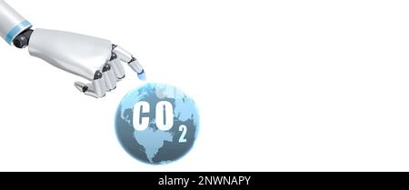 Carbon neutral concept. Robot hand touches CO2 in globe map isolated on white background. Global carbon neutrality concept. AI and environmental Stock Photo